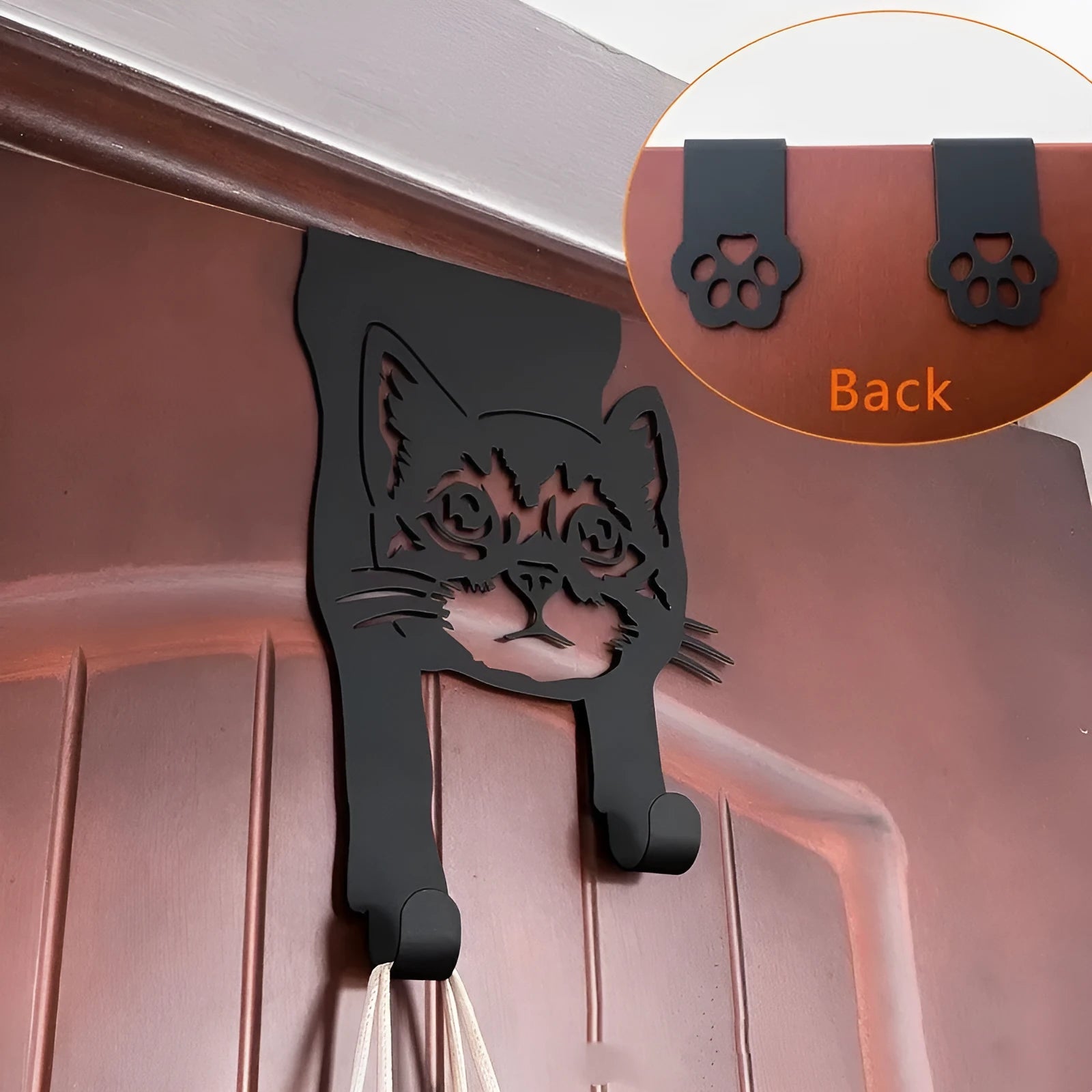 Black iron cat-shaped wall hook with punch-free mounting for doors and walls