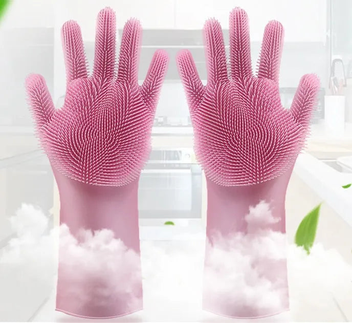 Silicone heat-resistant cleaning gloves in blue, showing non-slip surface and size of 357mm by 165mm