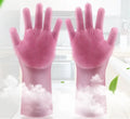 Silicone heat-resistant cleaning gloves in blue, showing non-slip surface and size of 357mm by 165mm