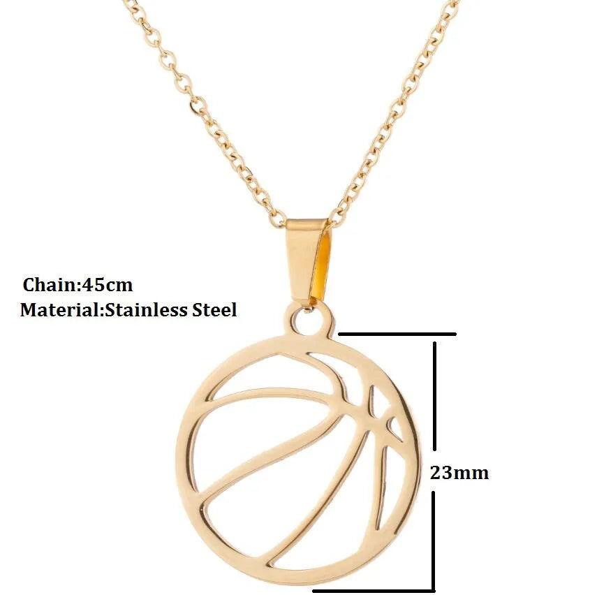 Stainless steel volleyball necklace with volleyball-shaped pendant, available in Gold or Silver colour options.