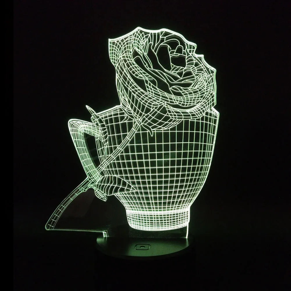 3D rose flower night light with acrylic board, ABS base, and remote control, showing seven colour options
