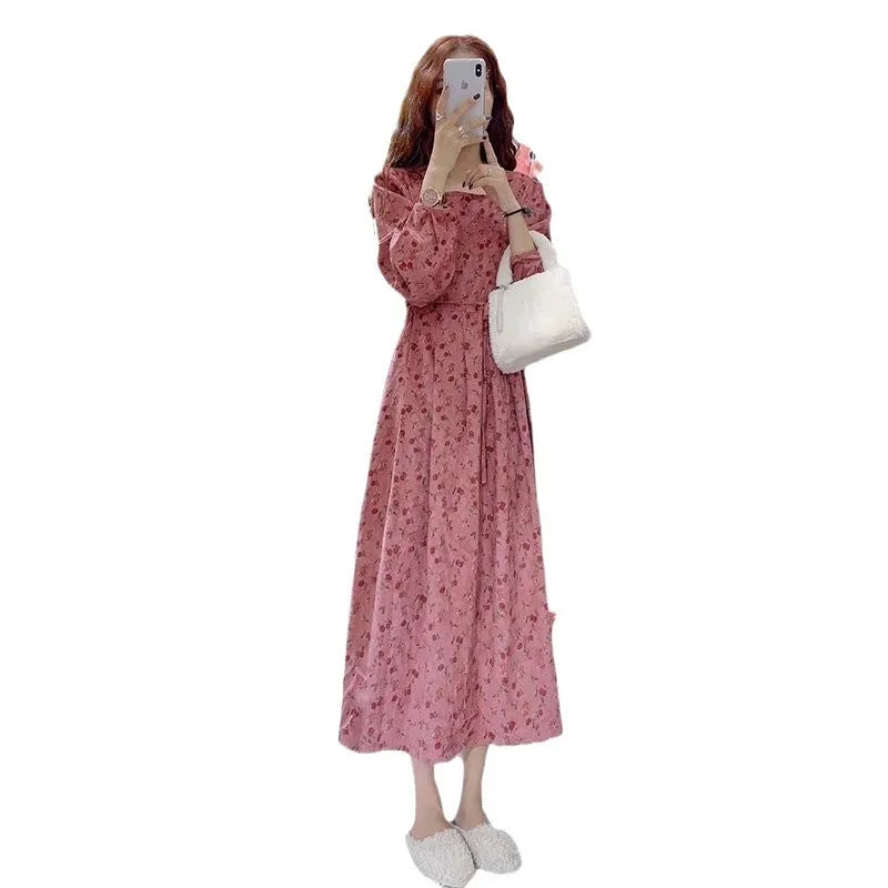 Red floral knitted cotton dress with elastic high waist and princess sleeves in fresh sweet style