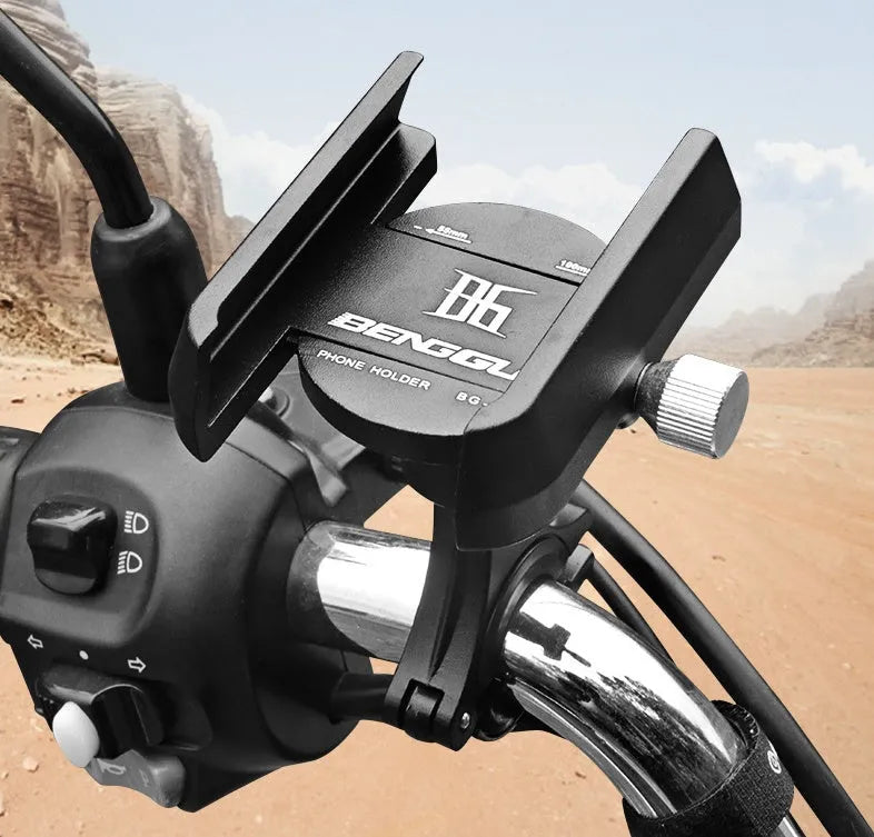 Black aluminium alloy bicycle phone holder mounted on a bike handlebar, showing adjustable clamp.