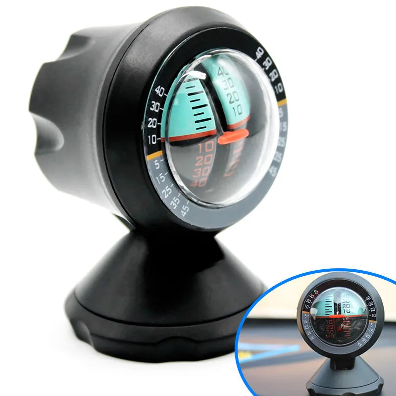 Black vehicle mounted slope meter showing inclination measurement display with adjustable perspective design