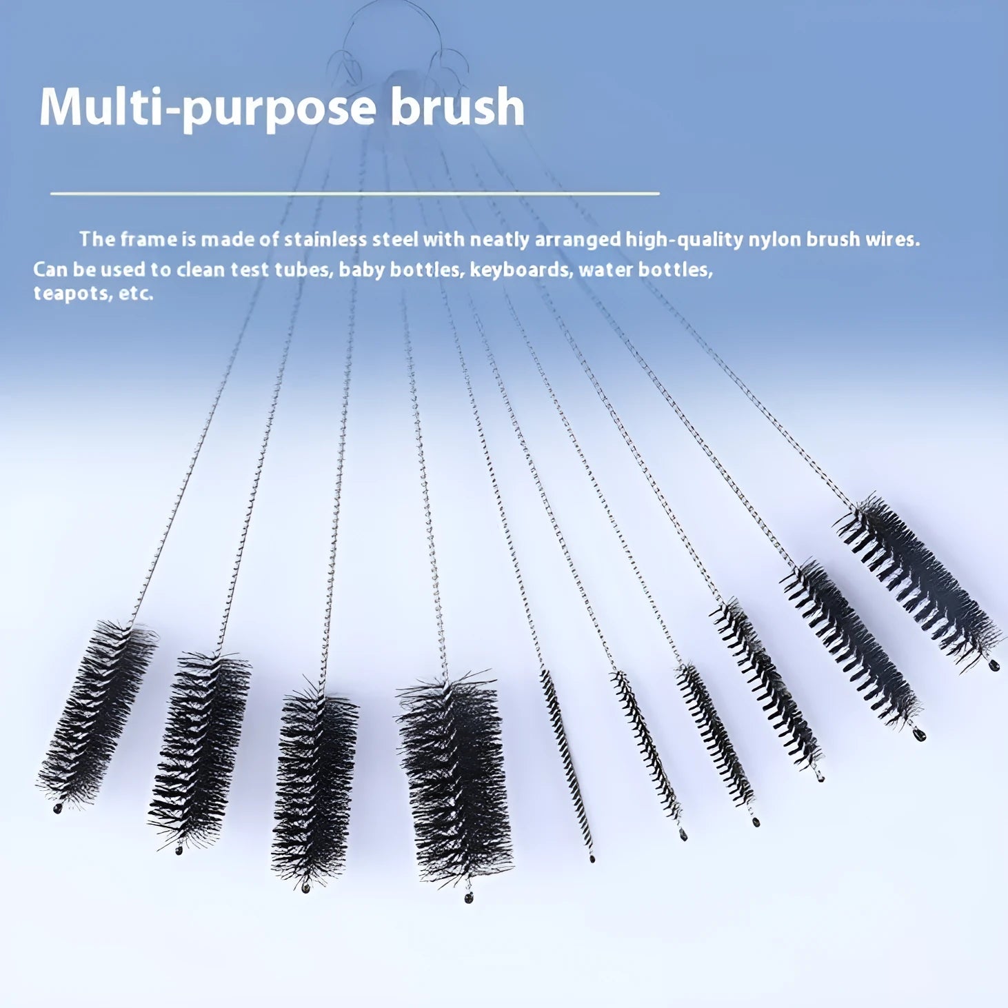 Set of stainless steel handled cleaning brushes with white nylon bristles for cleaning reusable straws.