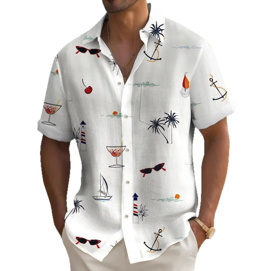 Men's Hawaiian shirt with digital print, loose fit, short sleeves, and 100% polyester fabric in various colours.