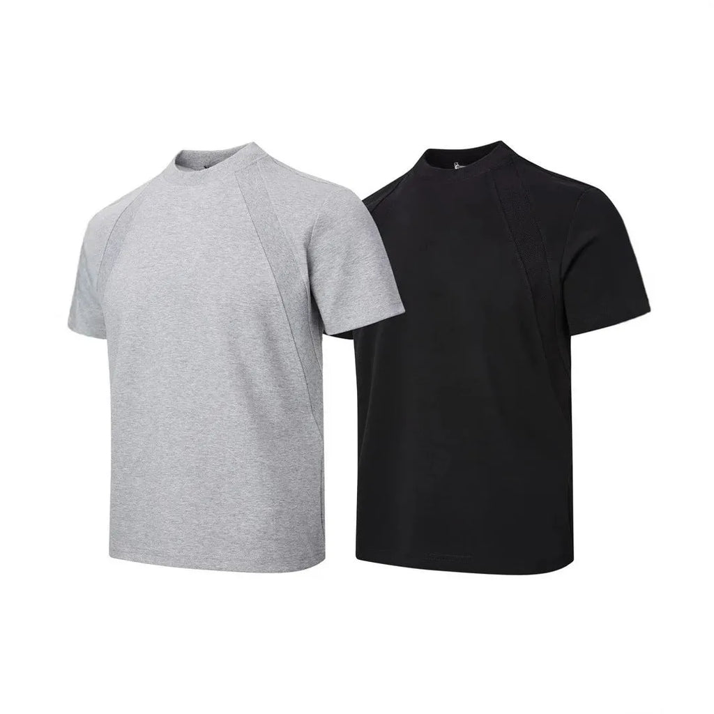 Air layer stitching short sleeve top in black, loose fit, polyester fabric, Asian sizing