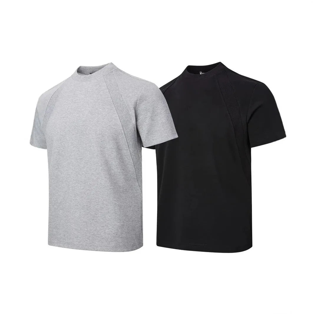 Air layer stitching short sleeve top in black, loose fit, polyester fabric, Asian sizing