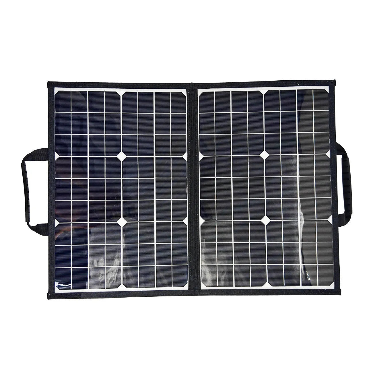 Black 40W solar folding bag showing 425x285x8mm folded size with single crystal panel for outdoor charging