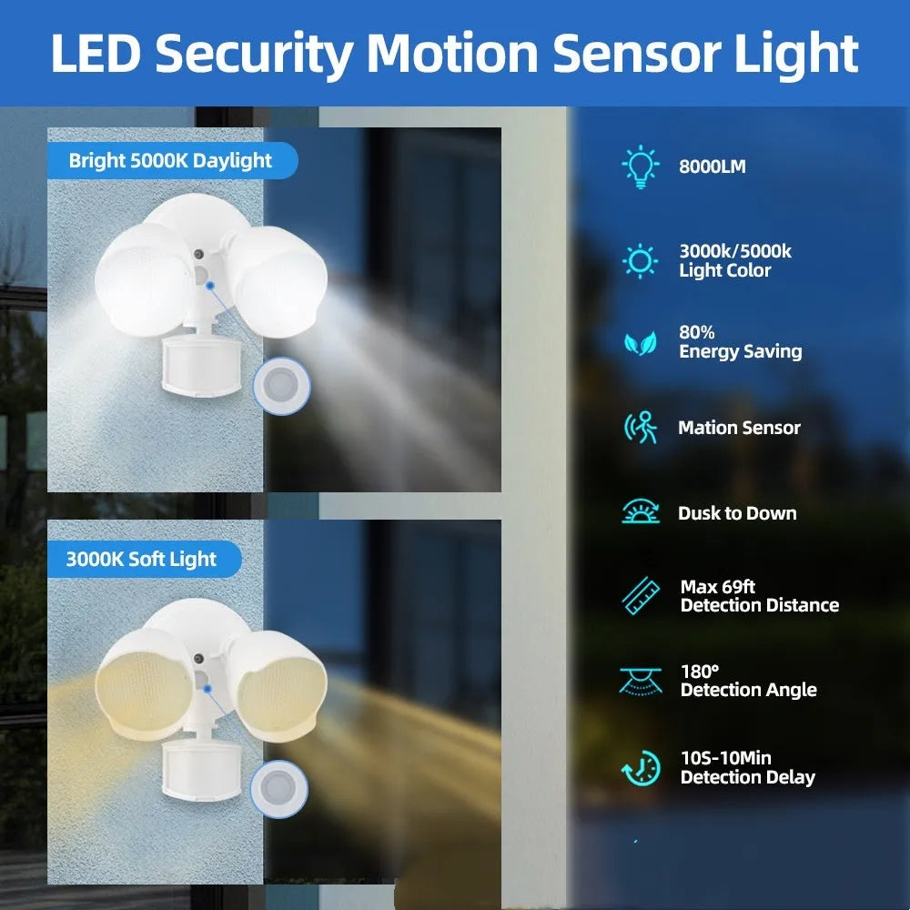 White or black LED security flood light with motion sensor for outdoor use