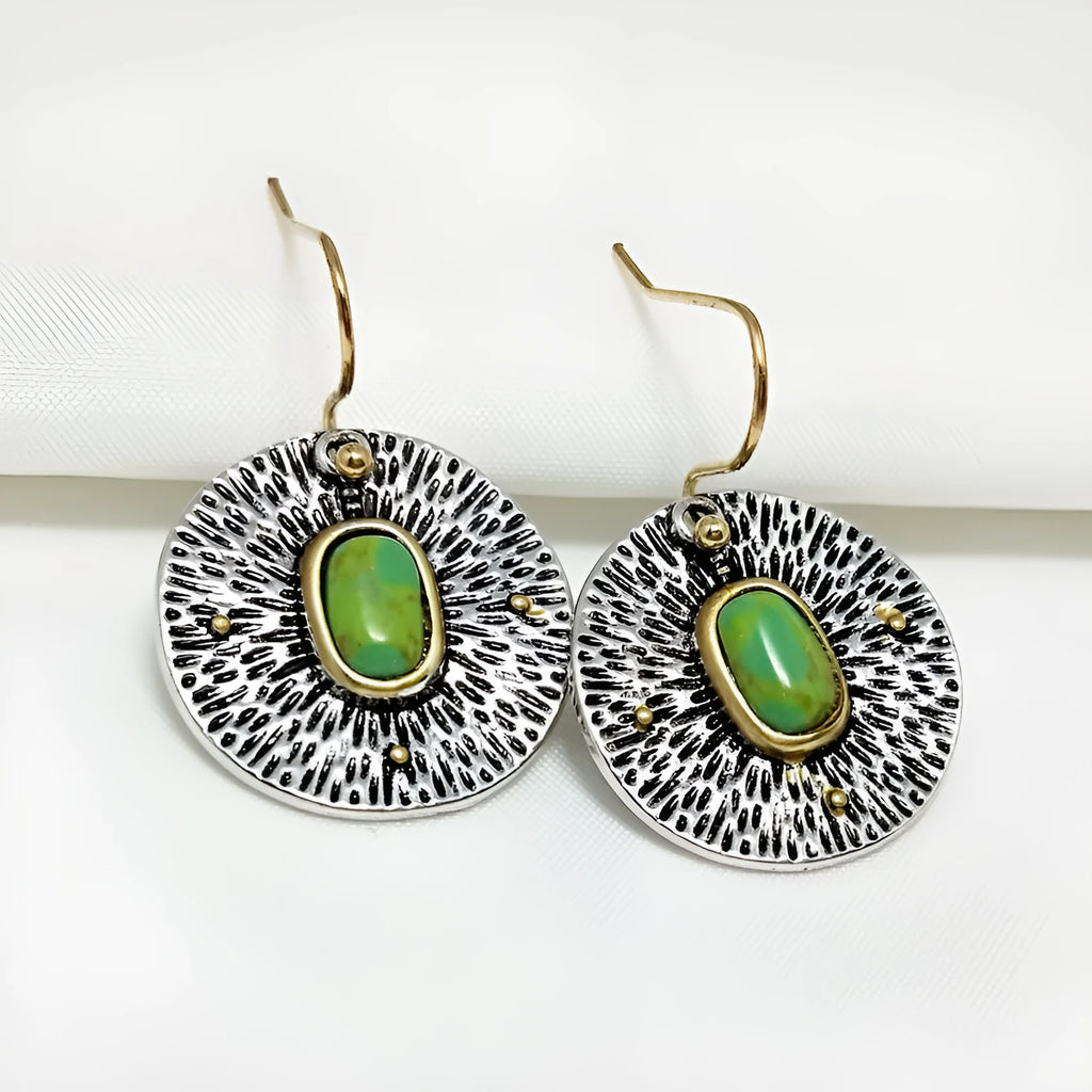 Retro turquoise colour separation earrings with antique silver electroplated finish and alloy construction
