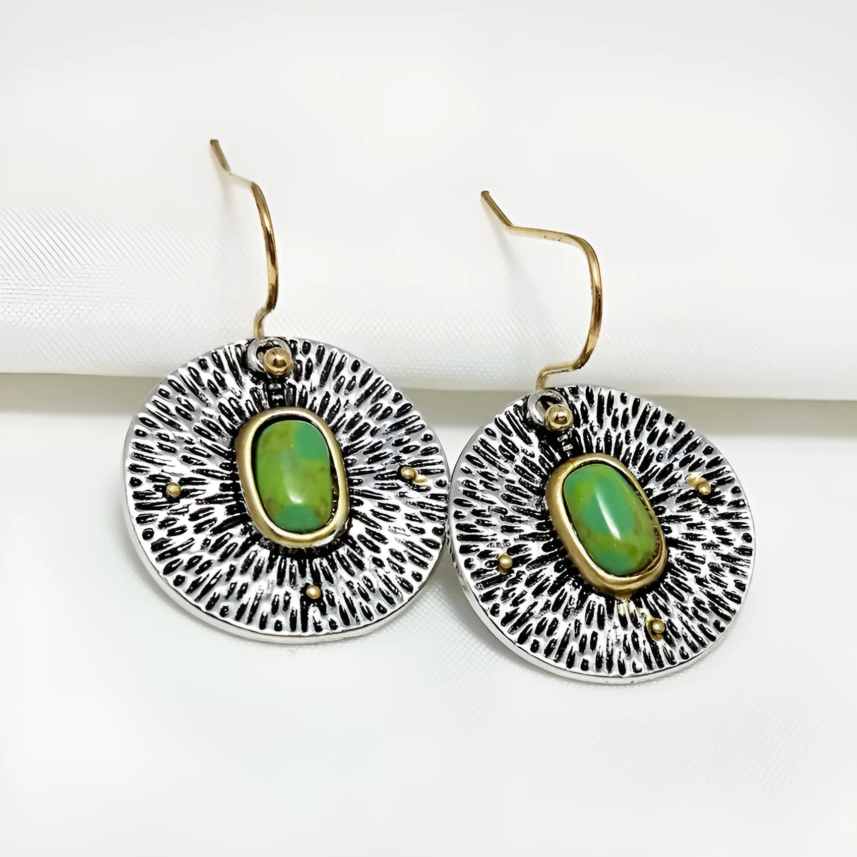 Retro turquoise colour separation earrings with antique silver electroplated finish and alloy construction
