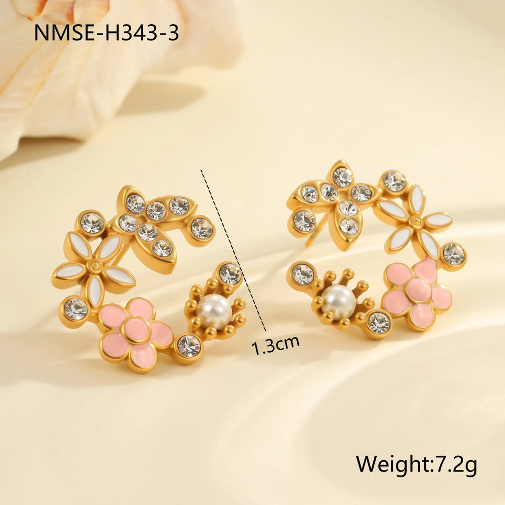 Colourful oil diamond flower petal stud earrings in 18K stainless steel with electroplated finish