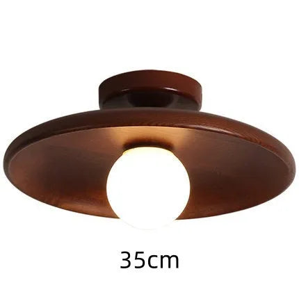 Aisle Ceiling Lamp in solid wood with glass shade, available in wood or walnut colour, diameters 18cm, 28cm, 35cm.