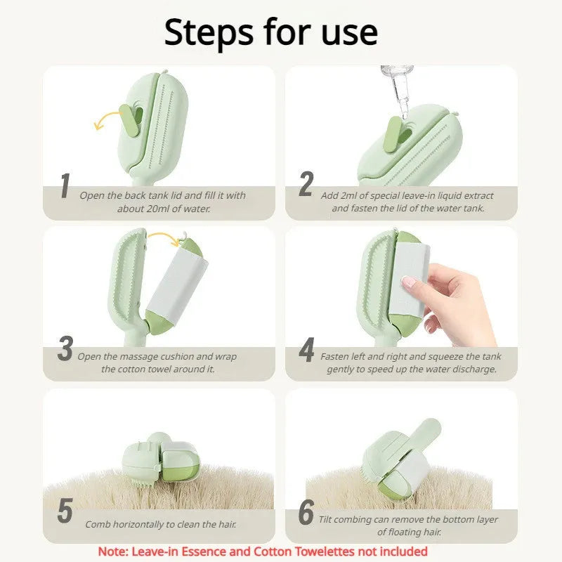 Pet comb with water tank for floating hair removal, 21cm length, available in blue, green, and yellow colours