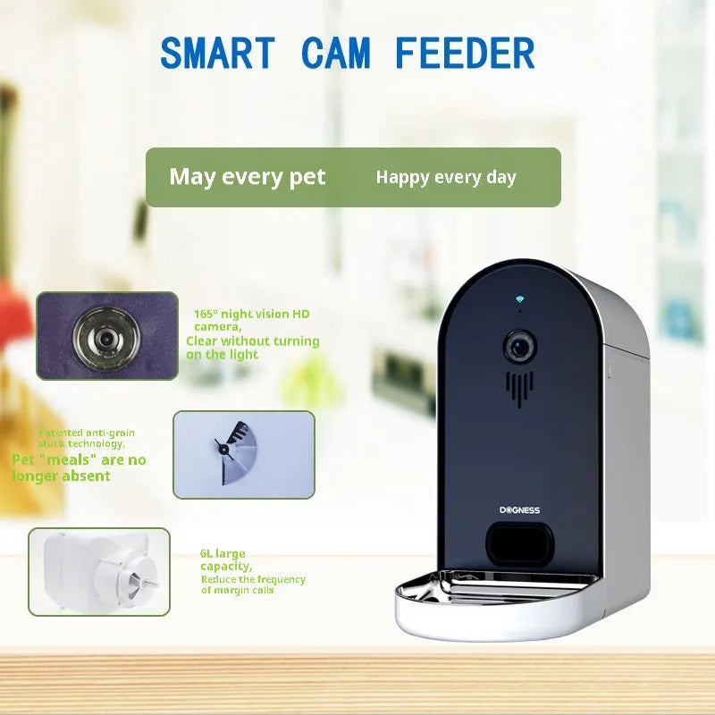 Smart pet feeder in Barbie pink and ivory white with clear food container and app display