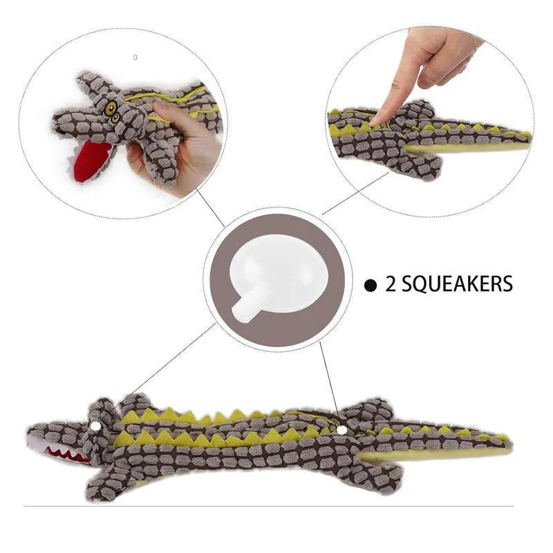 Plush corduroy crocodile-shaped dog toy with squeaker in blue, coffee, or grey colour