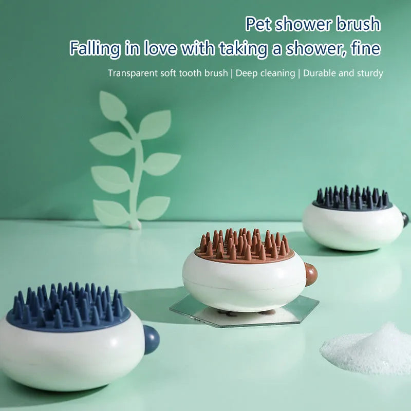 Panda-shaped silicone pet shower brush with soft bristles for cats and dogs.