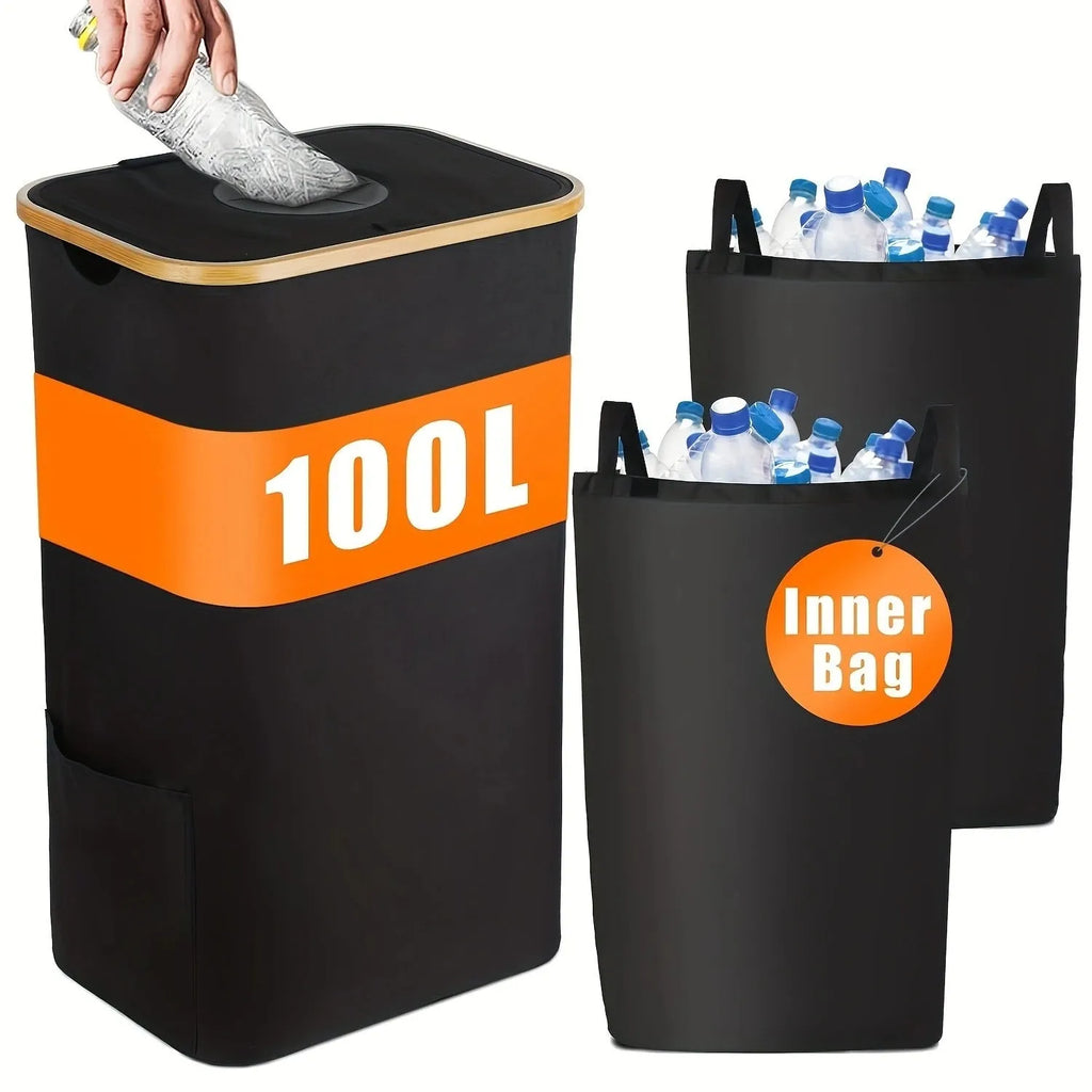 Black bamboo storage basket with removable lid showing double inner pockets and air holes in frame