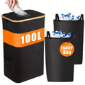 Black bamboo storage basket with removable lid showing double inner pockets and air holes in frame