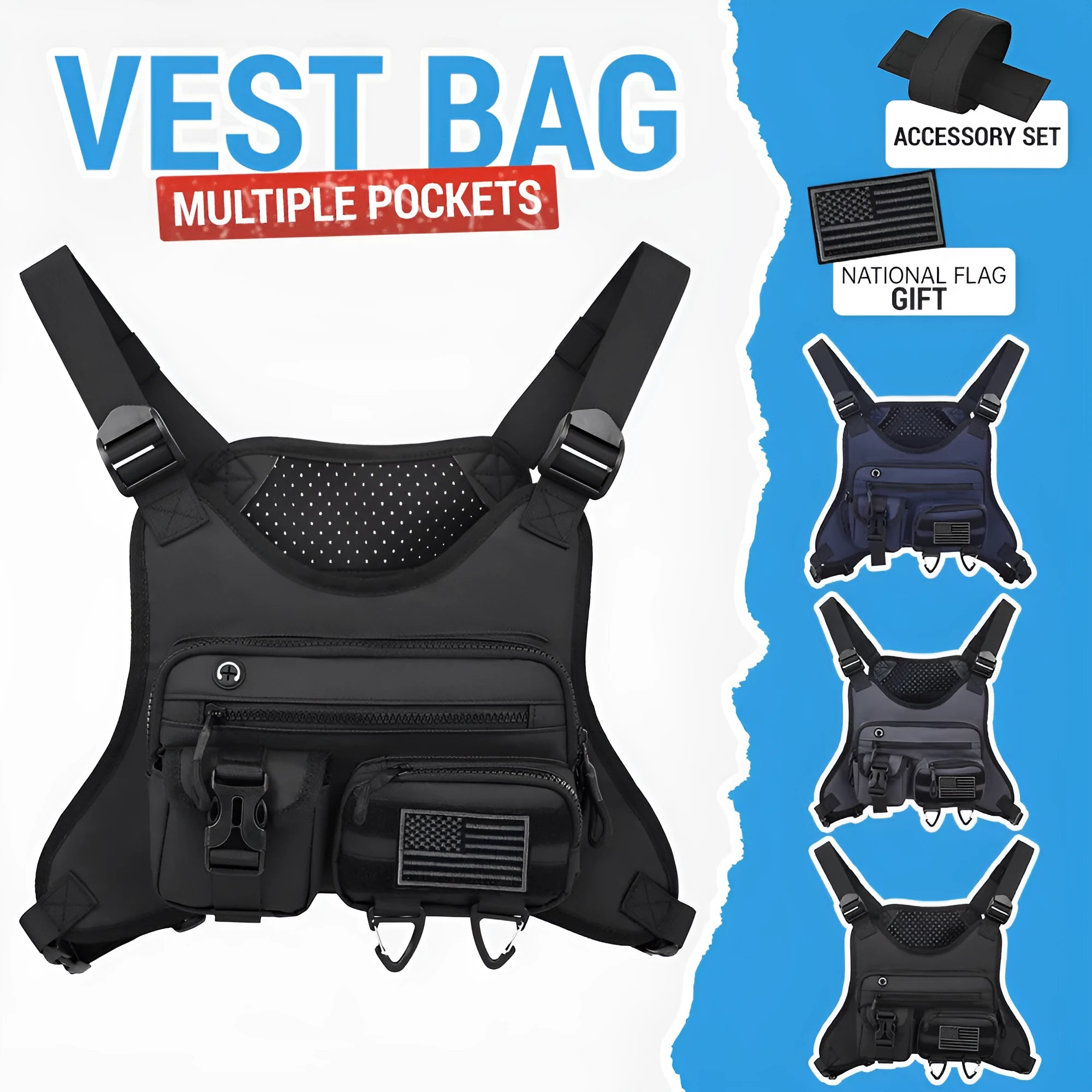 Oxford cloth outdoor sports chest bag with visible sewing lines, shown in black colour option worn across chest