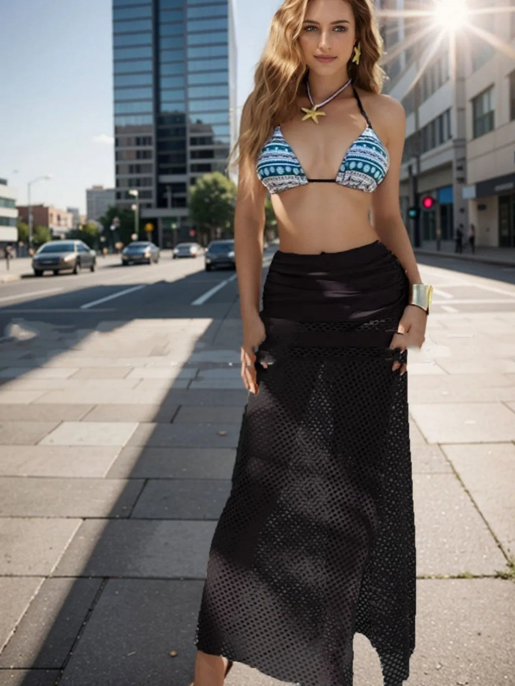 Women's three-piece bikini set with fishnet long skirt in gradient pattern, available in brown, rose pink, or black.