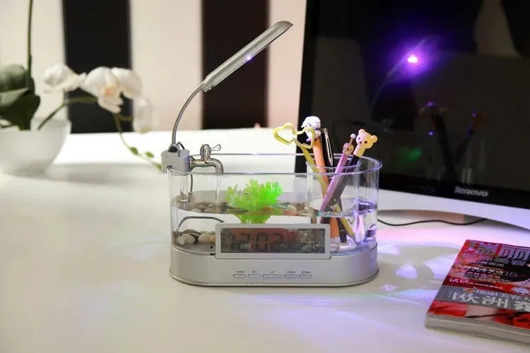 Black USB desktop mini aquarium pen holder with transparent tank and time, date, week, temperature display