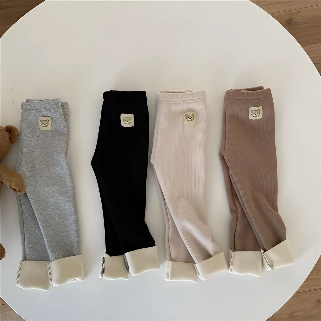 Girls' high-waist fleece-lined leggings in beige, black, brown, or grey colour.