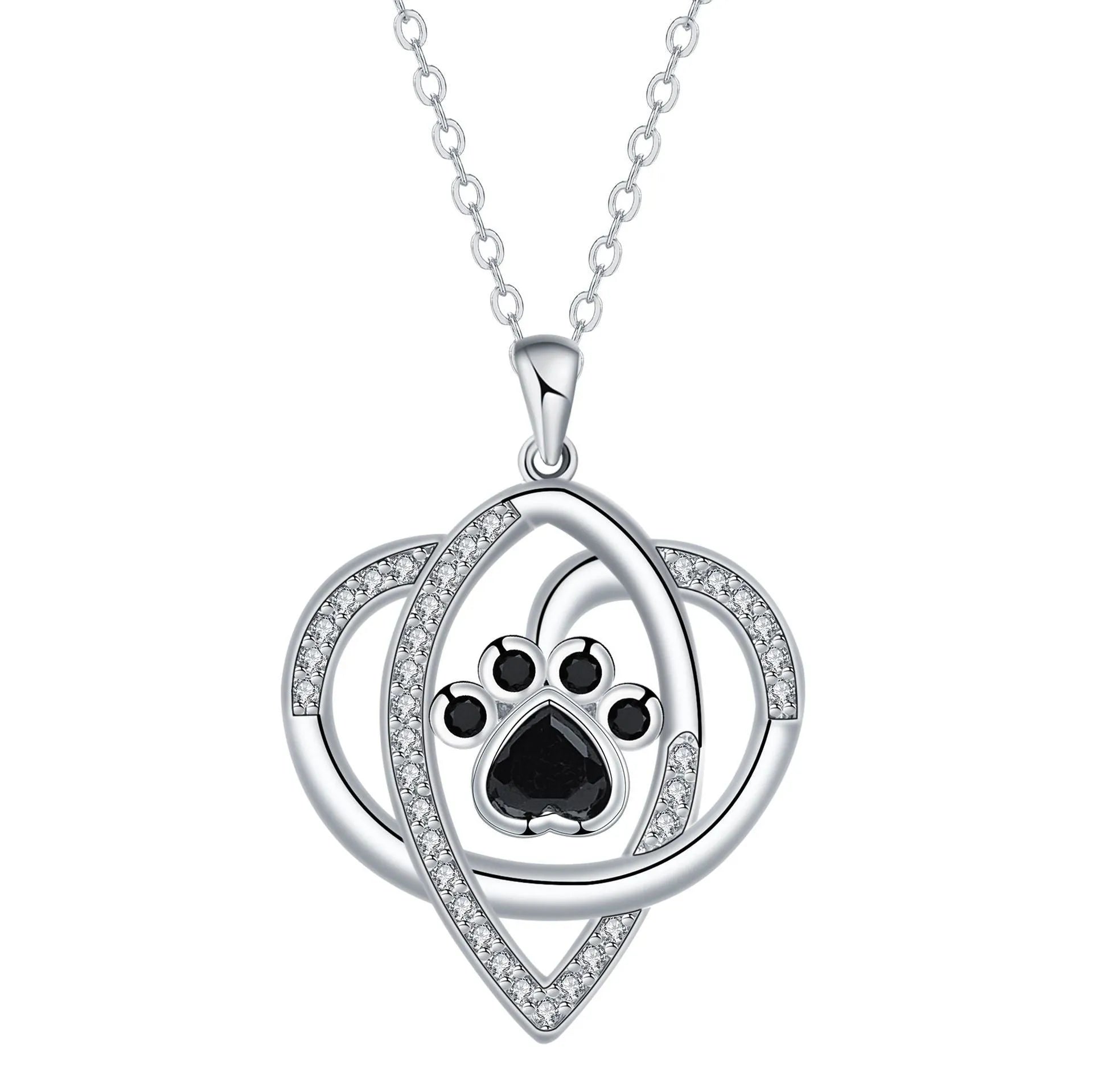 Copper pendant necklace showing cat and dog paw prints on a delicate cross chain.