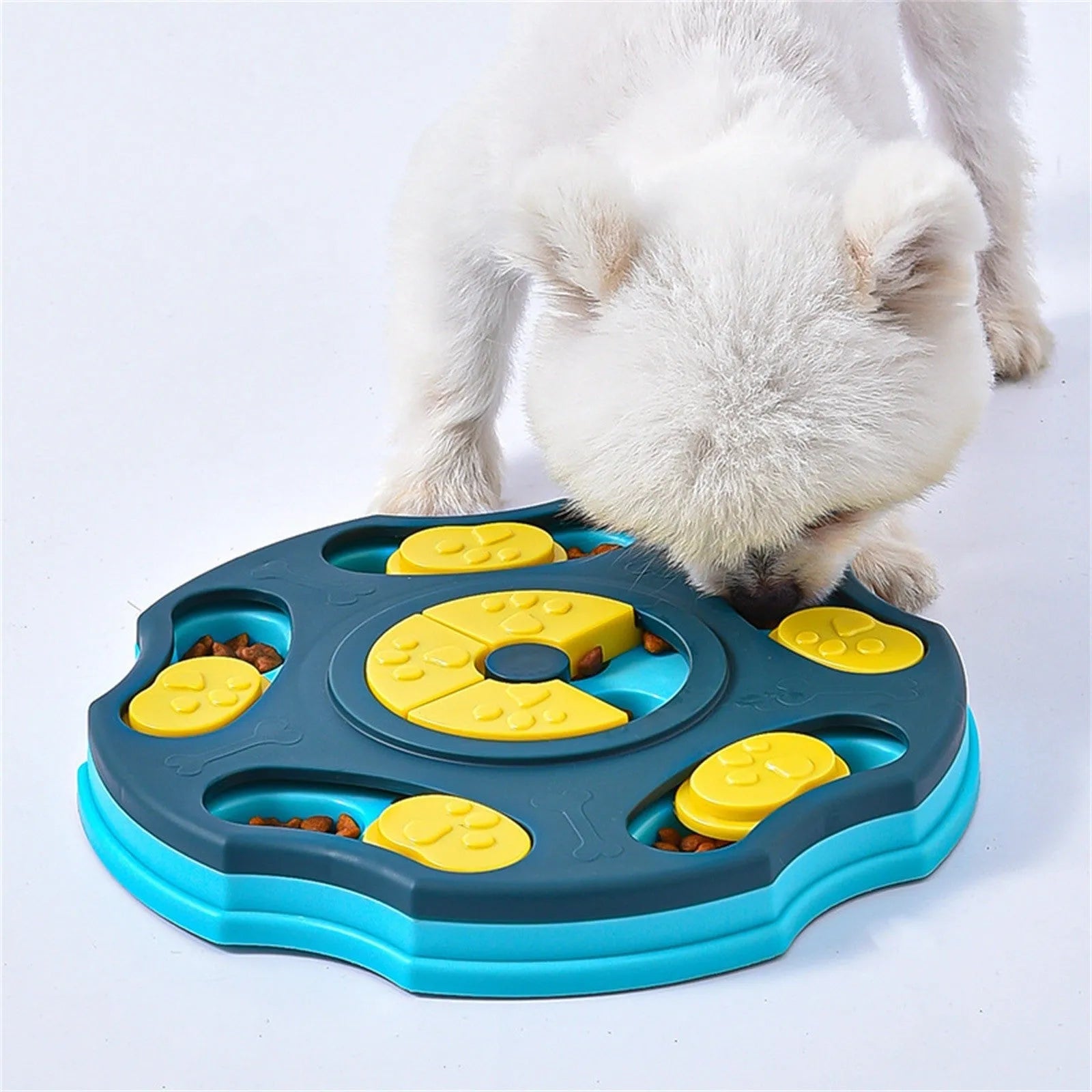 Blue interactive dog puzzle feeder toy for aggressive chewers with treat-dispensing design