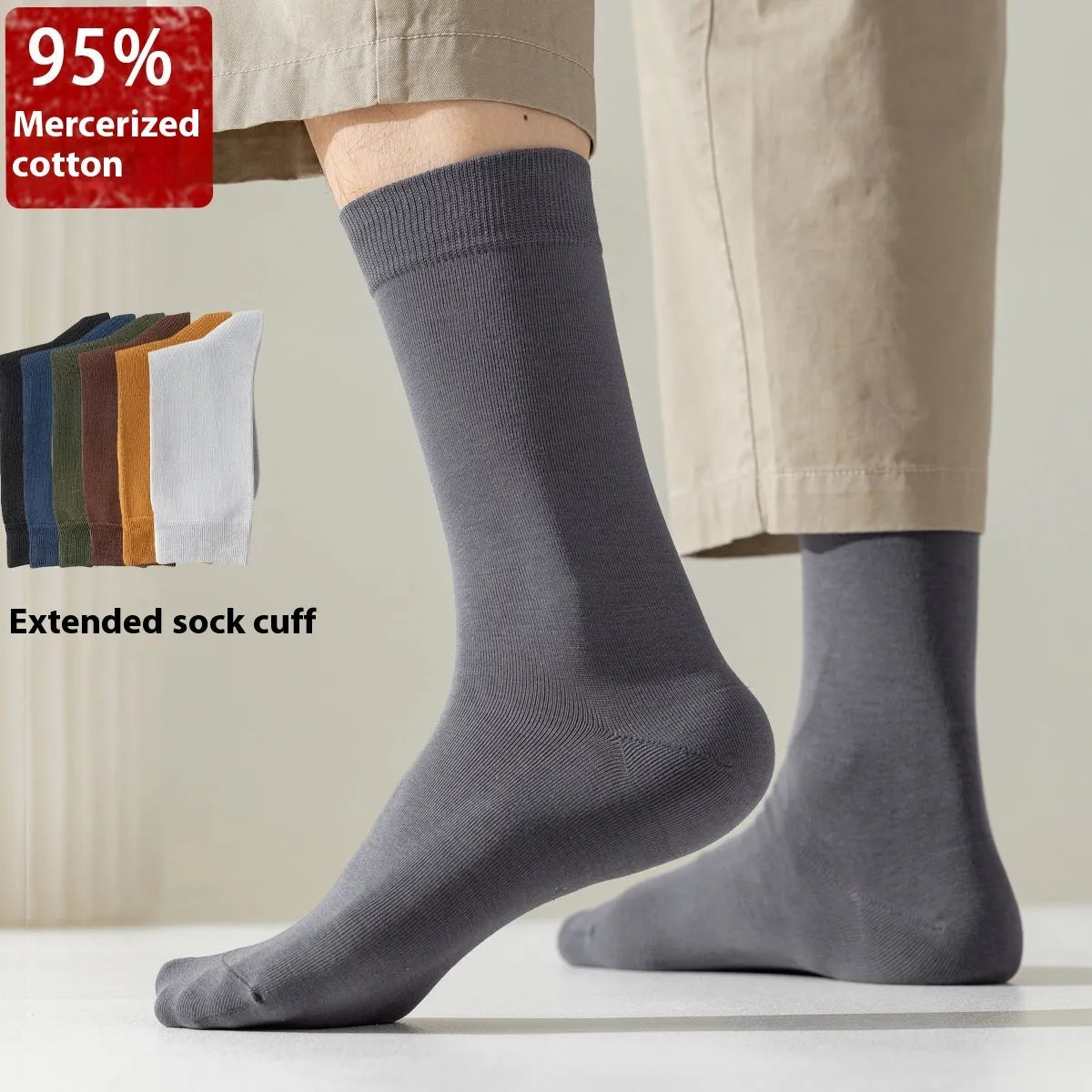 Mid-calf business men's socks in pure combed cotton with sweat absorption and deodorant properties, solid colour design