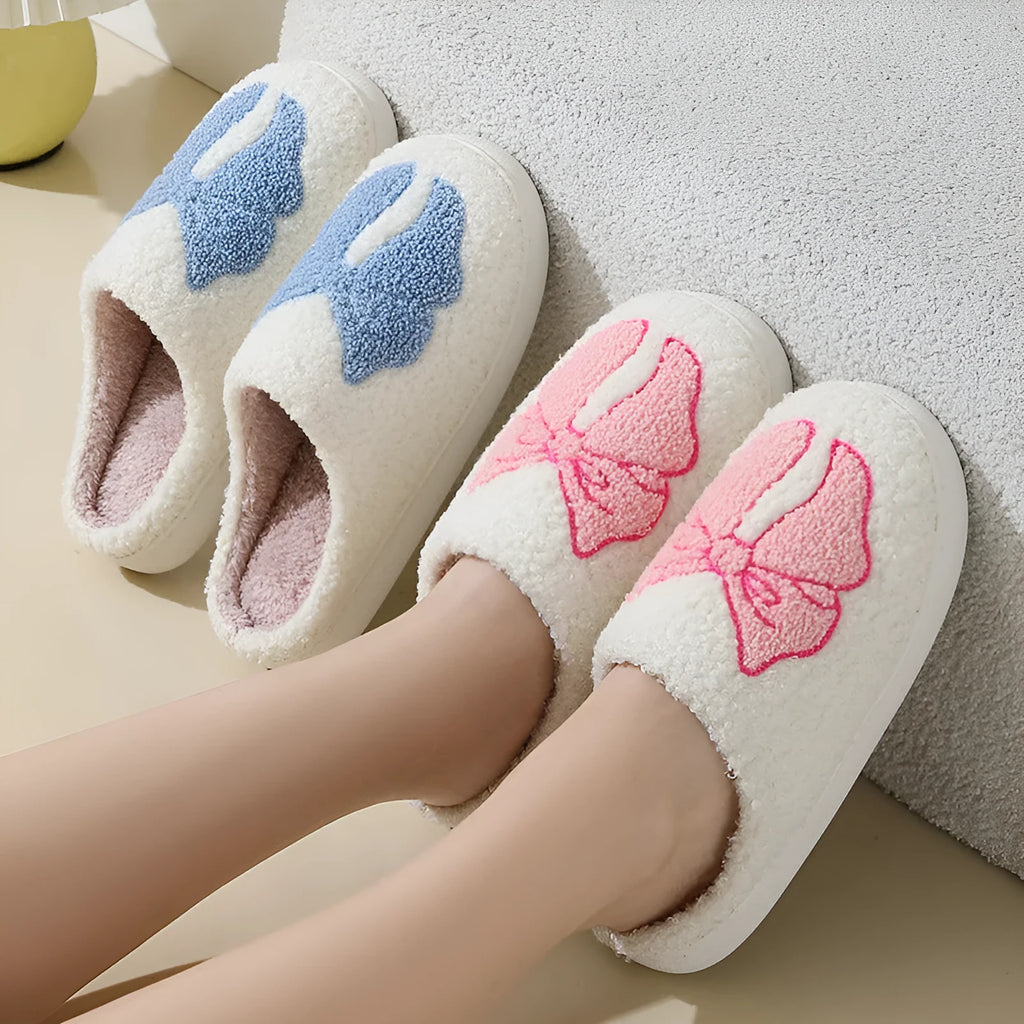 Cartoon bow knot cotton slippers with suede upper and TPR sole in pink and blue colour options
