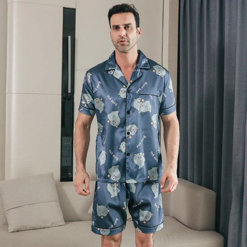 Men's ice silk short sleeve pyjama set in cardigan style on hanger