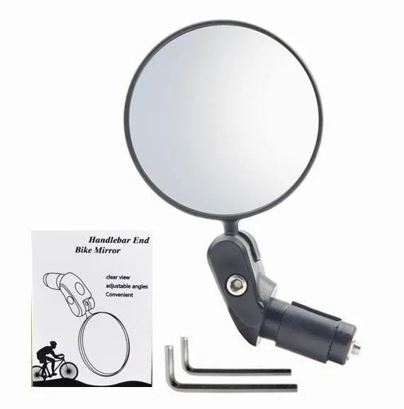 Black foldable convex rearview mirror showing 7cm diameter reflector and rotation mechanism
