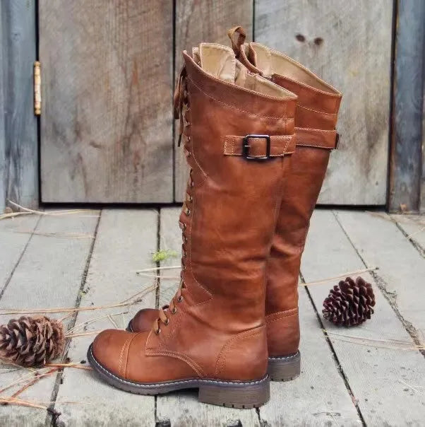 Chunky heel high leg boots in black, wine red, or brown with round toe and 1-3cm low heel
