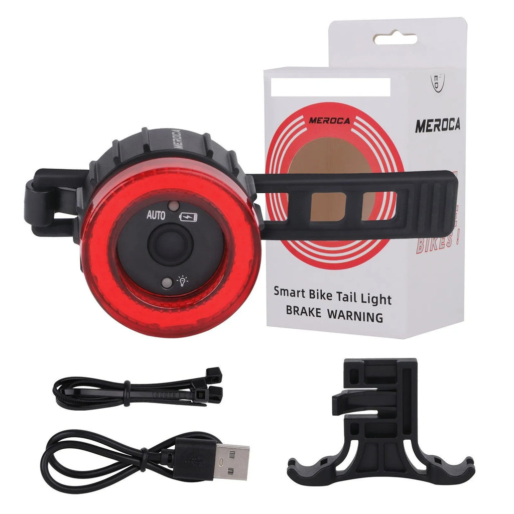 Black aluminium alloy bicycle taillight with seat tube bracket, showing 3.7V induction brake light design