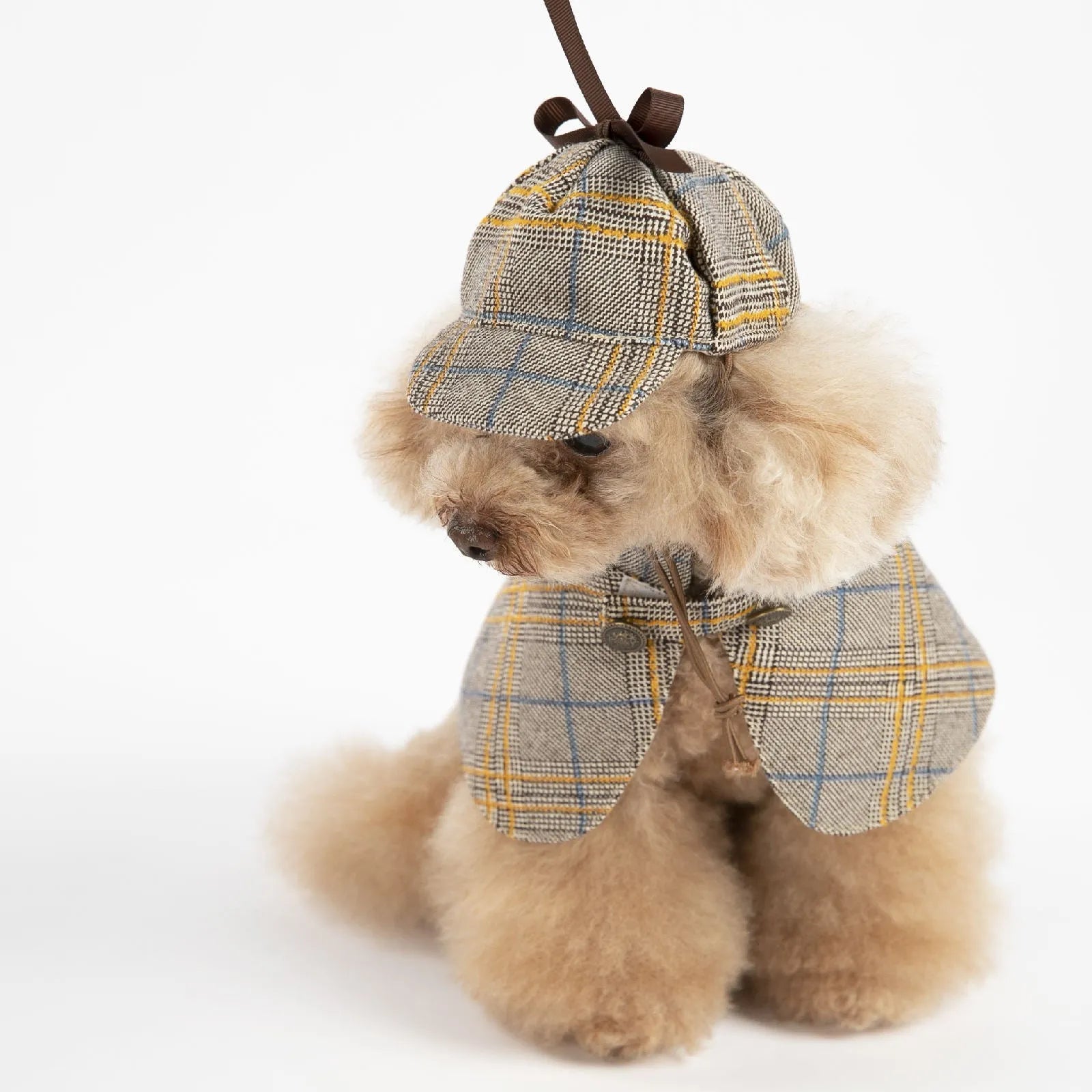 Camel-coloured cotton pet cloak with adjustable hat in detective suit style
