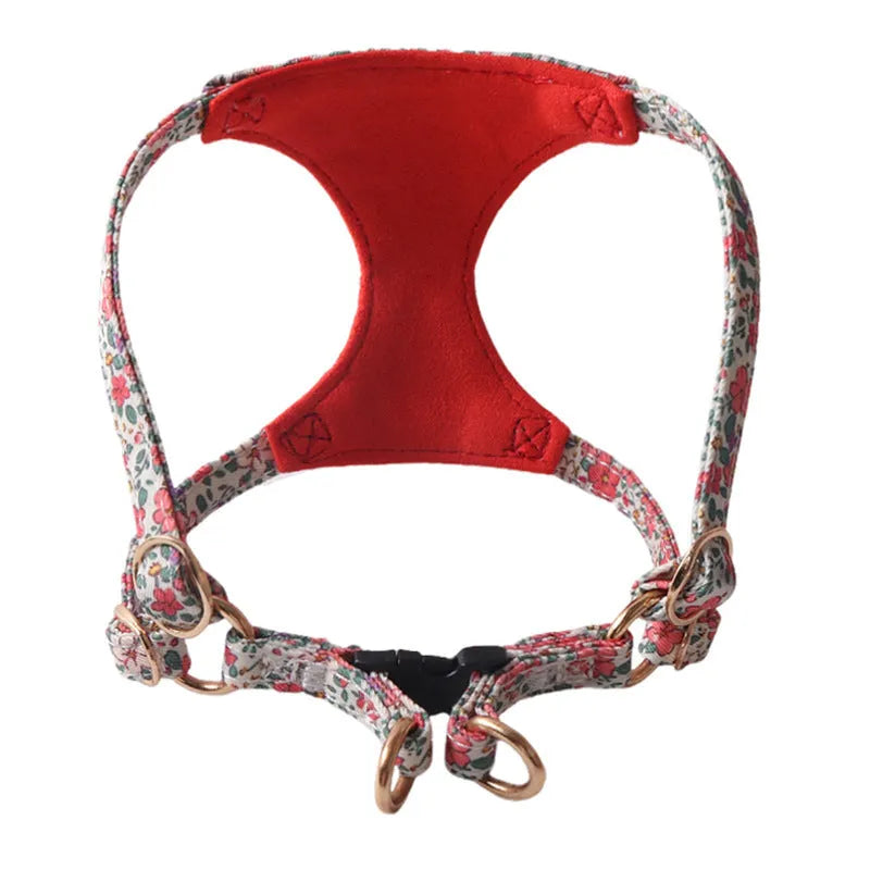 Floral pattern cloth dog harness and leash set shown in small size on a model.