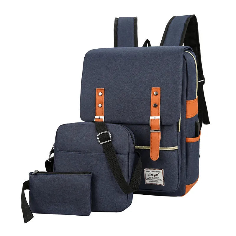 Three-piece business backpack in black with curved shoulder straps, multiple compartments, and waterproof Oxford cloth construction