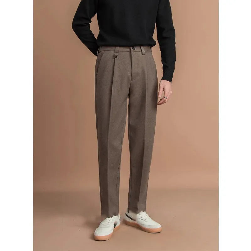 Men's straight-leg business trousers in draped design showing four colour options and straight silhouette