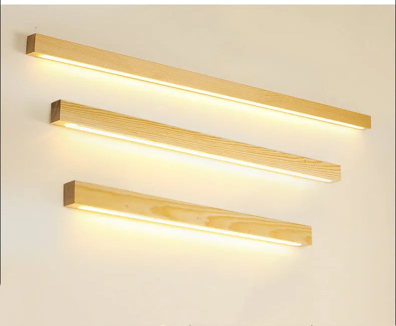 Walnut colour wooden strip wall lamp with LED lighting in minimalist rectangular design