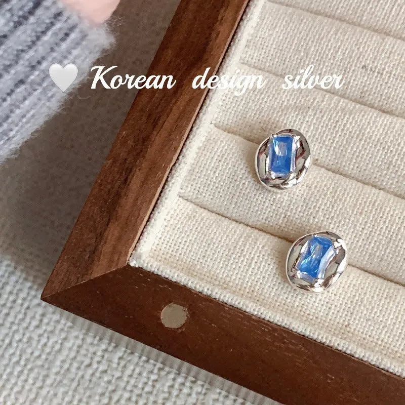 S925 sterling silver oval blue diamond heart-wrapped earrings for women