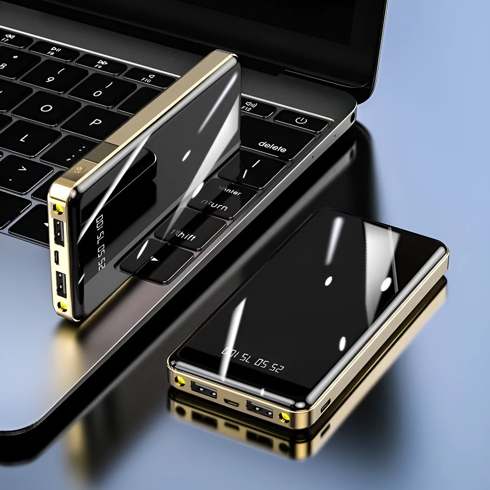 Square mirror-display power bank showing battery percentage, in choice of five colours.