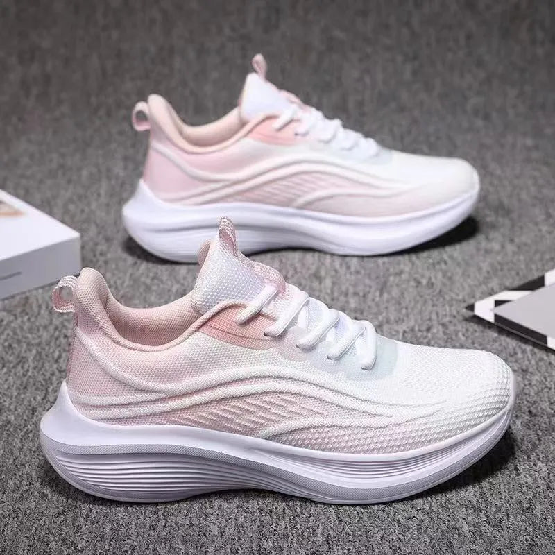 Lightweight mesh running shoes with PVC non-slip sole, flat heel, round toe, and front lace-up, in white green, light pink, or purple.