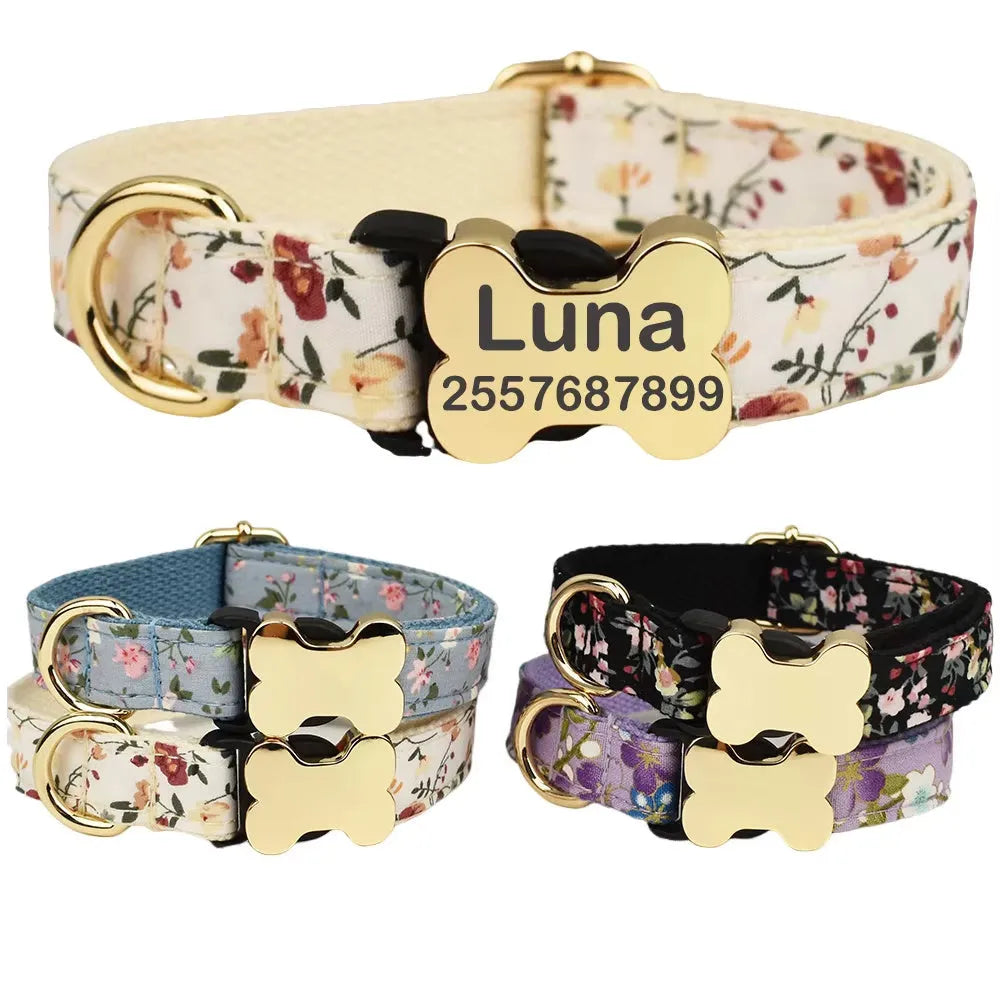 Flat nylon dog collar with printed grid pattern and bone-shaped buckle in assorted colours