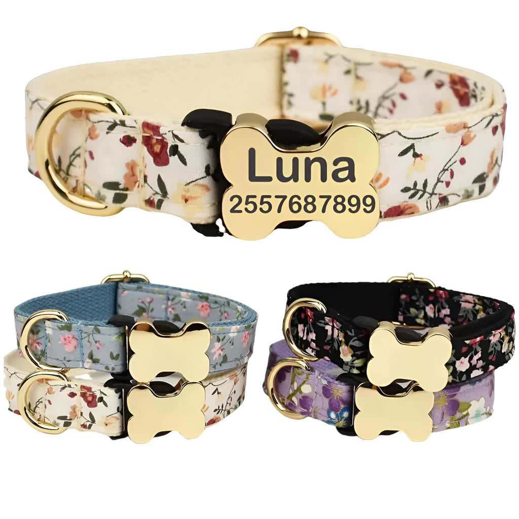 Flat fabric nylon dog collar with printed grid pattern and bone-shaped buckle