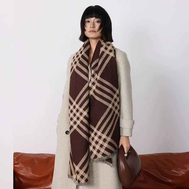 Cashmere-like scarf with tassel detailing in brown colour, showing 185x65cm dimensions