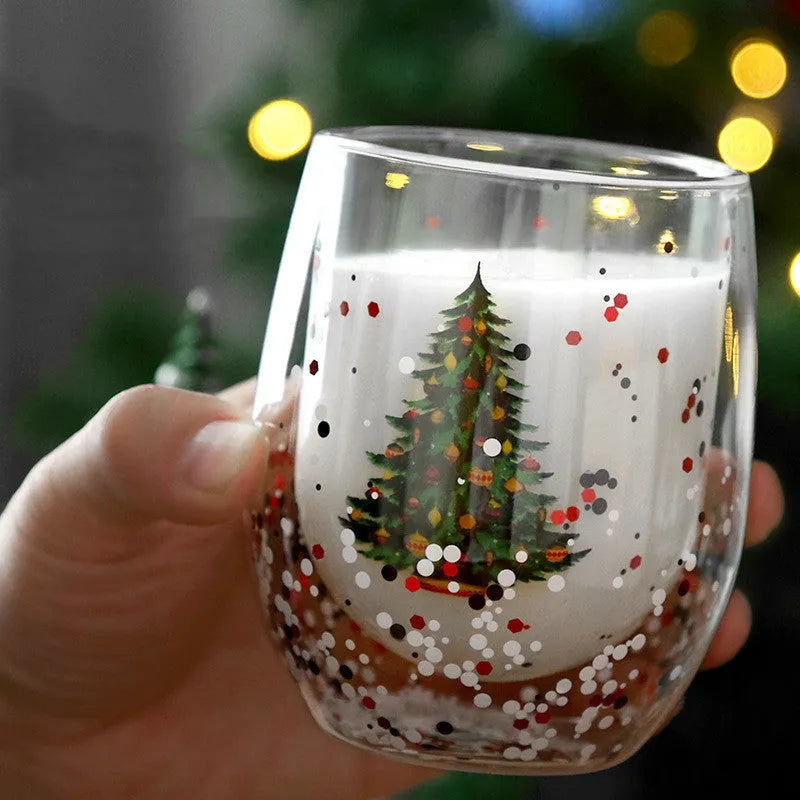 Christmas tree cup with flowing sequins and floral pattern, double-layer high boron silicon, 301-400ml, egg-shaped coffee cup