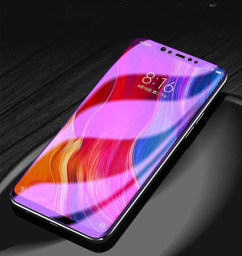 Violet light tempered glass screen protector for Vivo smartphones on a packaging card.