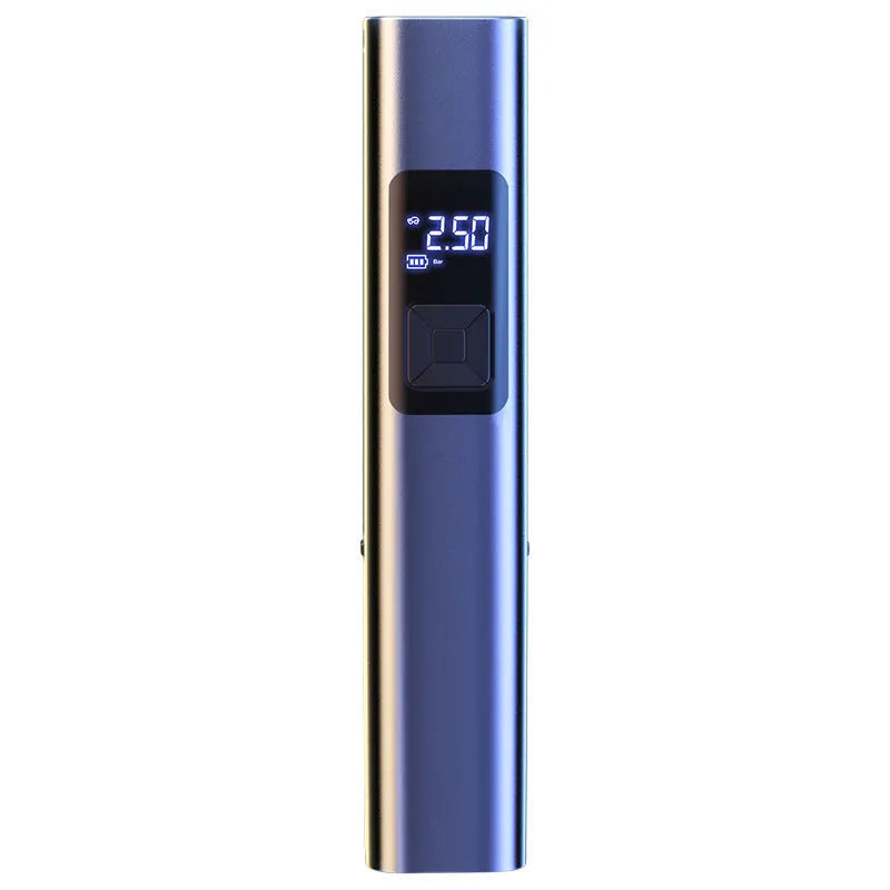 Wireless car tyre inflator and vacuum cleaner with digital display showing tyre pressure reading